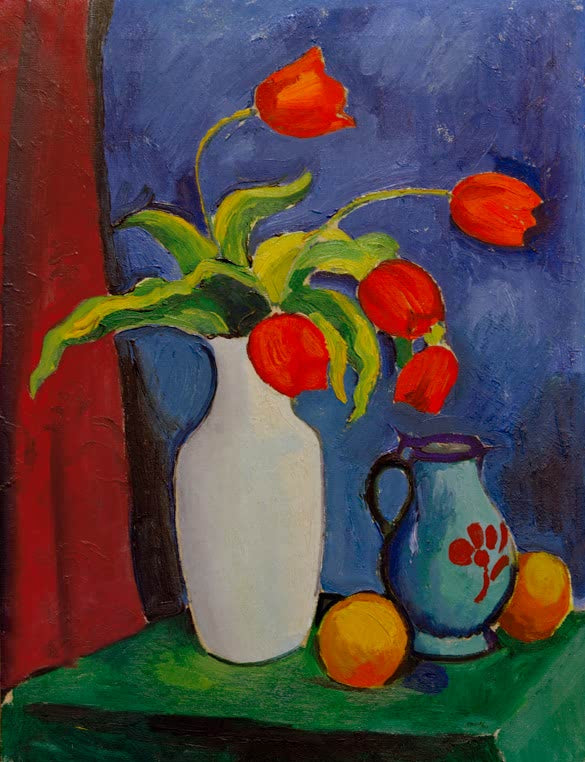 Kunstdruck des Gemäldes „Rote Tulpen in weißer Vase“ von August Macke. Hochwertig in Deutschland von Hand gefertigt, erhältlich als Poster oder Leinwand und optional gerahmt.