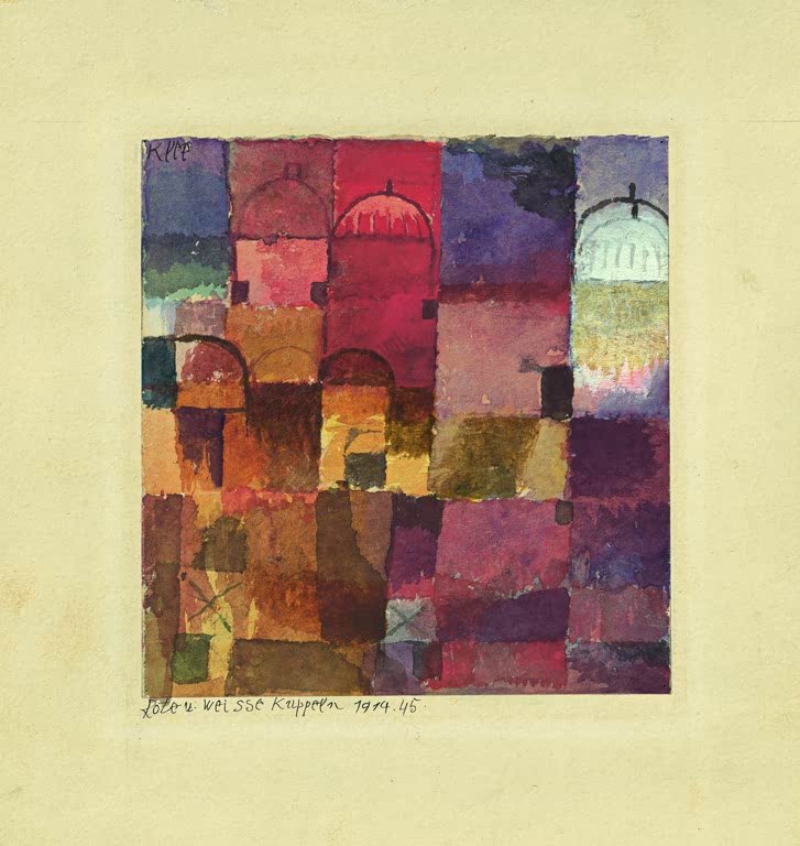 Kunstdruck „Rote und weiße Kuppeln“ von Paul Klee mit abstrakten Kuppeln in roten und weißen Farbtönen