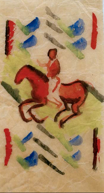 Kunstdruck des Gemäldes „Roter Reiter“ von August Macke. Hochwertig in Deutschland von Hand gefertigt, erhältlich als Poster oder Leinwand und optional gerahmt.