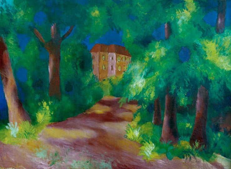 Kunstdruck des Gemäldes „Rotes Haus im Park“ von August Macke. Hochwertig in Deutschland von Hand gefertigt, erhältlich als Poster oder Leinwand und optional gerahmt.