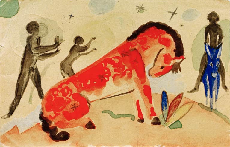 Kunstdruck des Gemäldes „Rotes Pferd mit schwarzen Figuren“ von Franz Marc. Hochwertig in Deutschland von Hand gefertigt, erhältlich als Poster oder Leinwand und optional gerahmt.