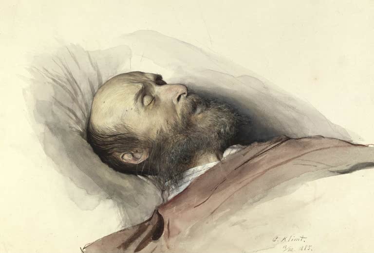 Kunstdruck von „Rudolf von Eitelberger auf seinem Sterbebett“ von Gustav Klimt mit historischer Porträtdarstellung und detailreicher Ausführung. In Deutschland von Hand gefertigt.