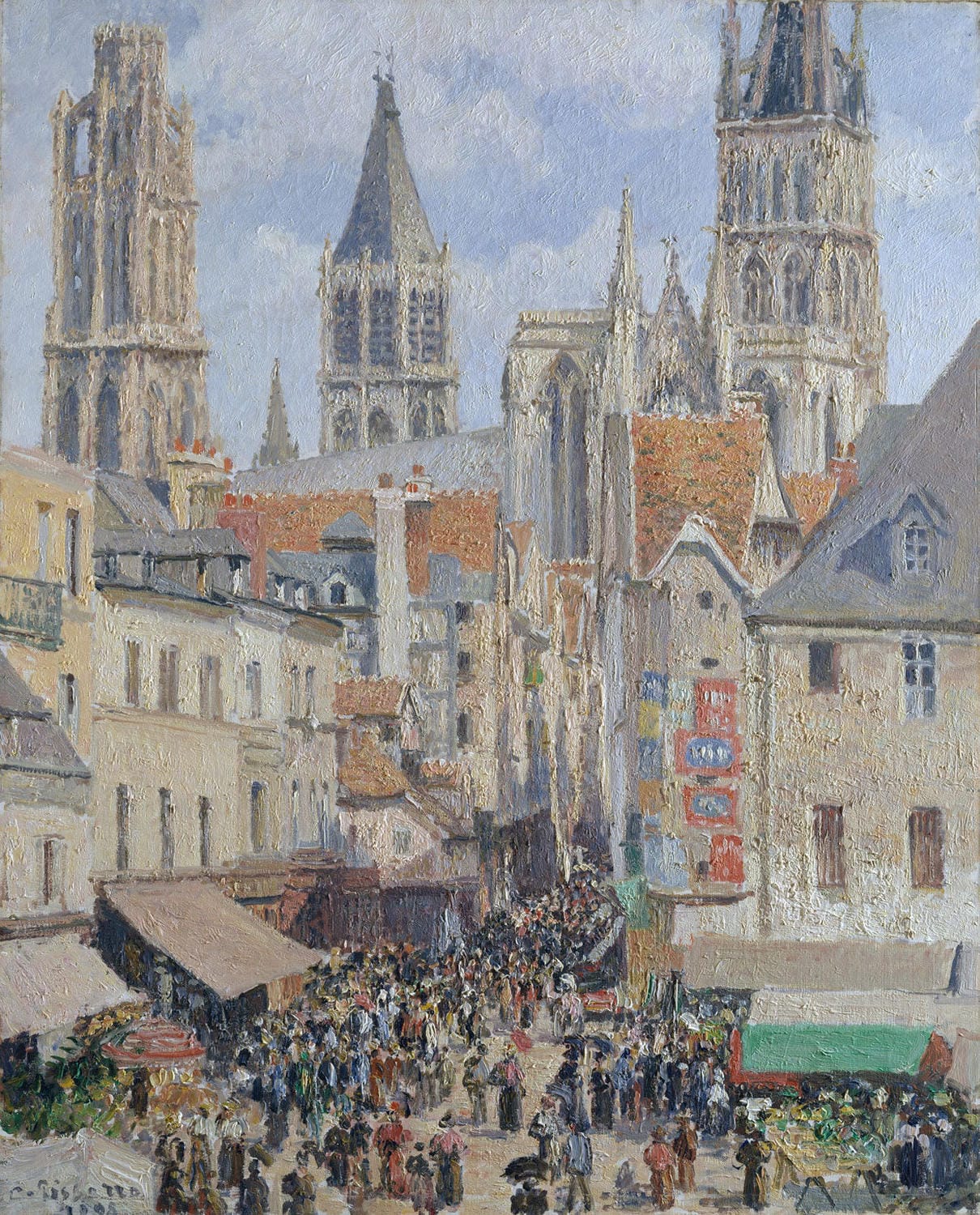 Das impressionistische Gemälde „Rue de l'Épicerie, Rouen (Sonnenlichteffekt)“ von Camille Pissarro zeigt eine belebte Straße in Rouen, durchflutet von warmem Sonnenlicht. Mit lebhaften Farben und lockeren Pinselstrichen fängt Pissarro das geschäftige Stadtleben und das Spiel von Licht und Schatten ein.
