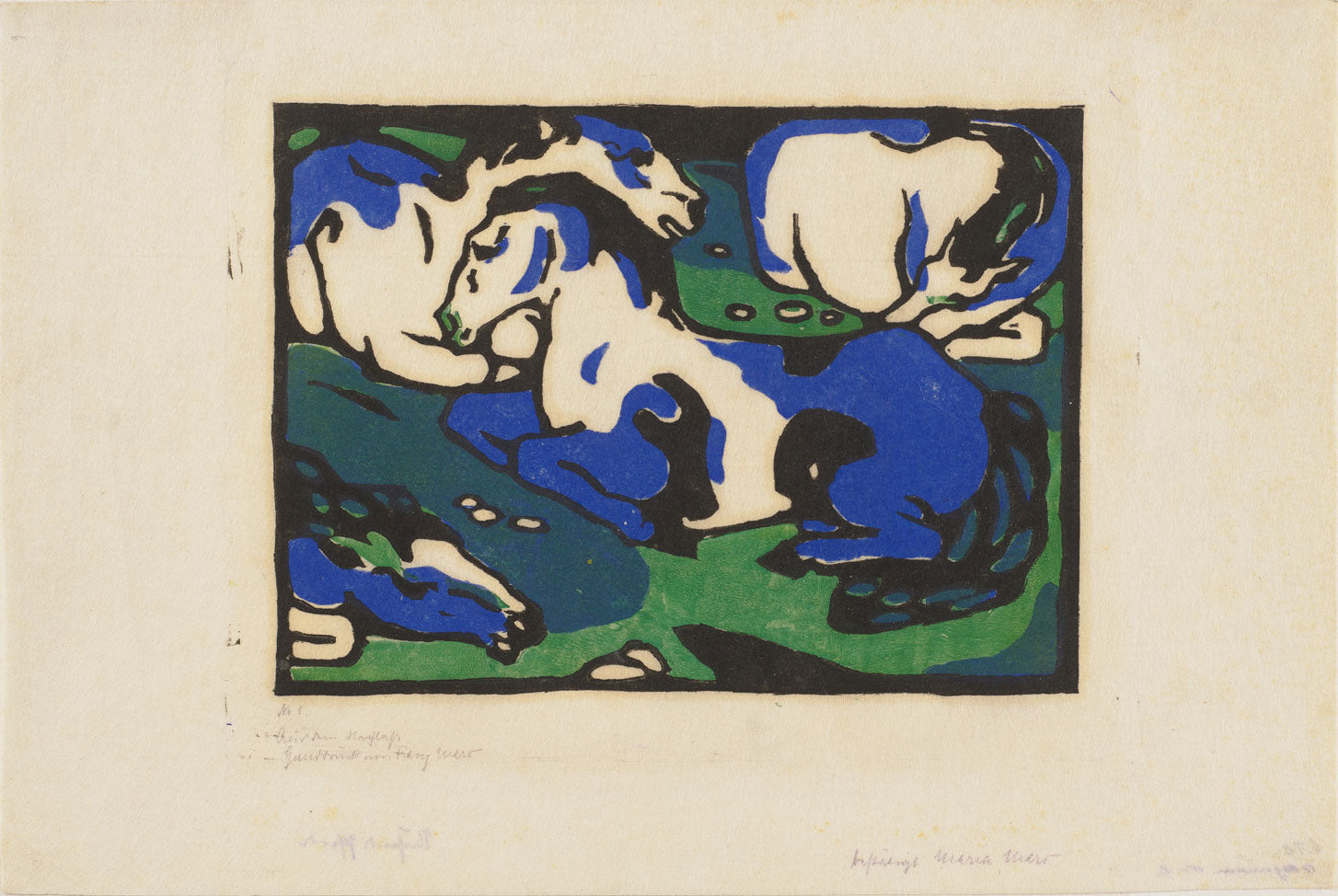 Expressionistisches Gemälde "Ruhende Pferde" von Franz Marc mit leuchtenden Farben und abstrahierten Formen, die friedlich ruhende Pferde in einer harmonischen Naturlandschaft zeigen.
