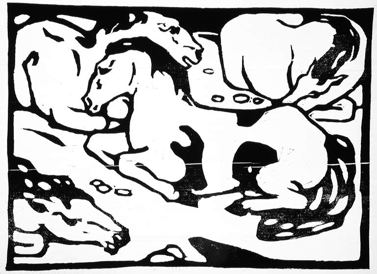 Kunstdruck des Gemäldes „Ruhende Pferde“ von Franz Marc. Hochwertig in Deutschland von Hand gefertigt, erhältlich als Poster oder Leinwand und optional gerahmt.