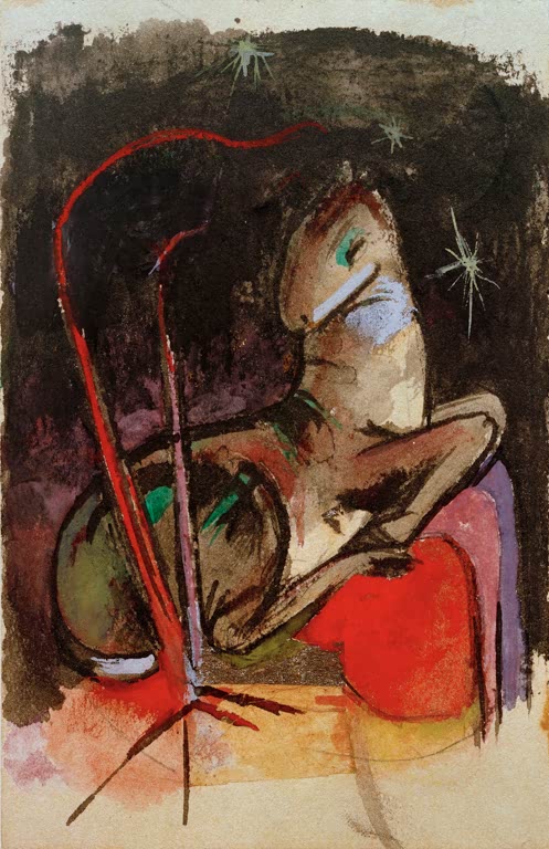 Kunstdruck des Gemäldes „Ruhendes Tier“ von Franz Marc. Hochwertig in Deutschland von Hand gefertigt, erhältlich als Poster oder Leinwand und optional gerahmt.
