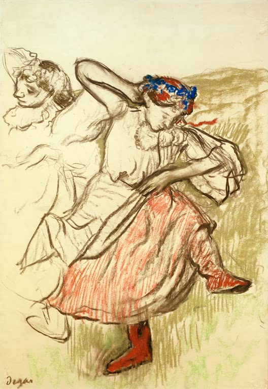 Kunstdruck des Gemäldes „Russische Tänzerinnen“ von Edgar Degas mit einer Gruppe tanzender Frauen in einer dynamischen Komposition. Hochwertig in Deutschland per Hand gefertigt, erhältlich als Poster oder Leinwand.