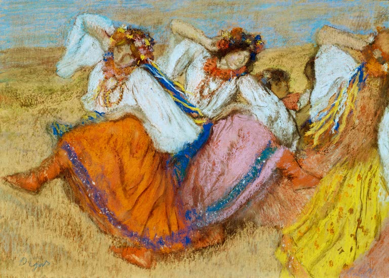 Kunstdruck des Gemäldes „Russische Tänzerinnen“ von Edgar Degas mit mehreren Tänzerinnen in farbenfroher Bewegung. Hochwertig in Deutschland per Hand gefertigt, erhältlich als Poster oder Leinwand.