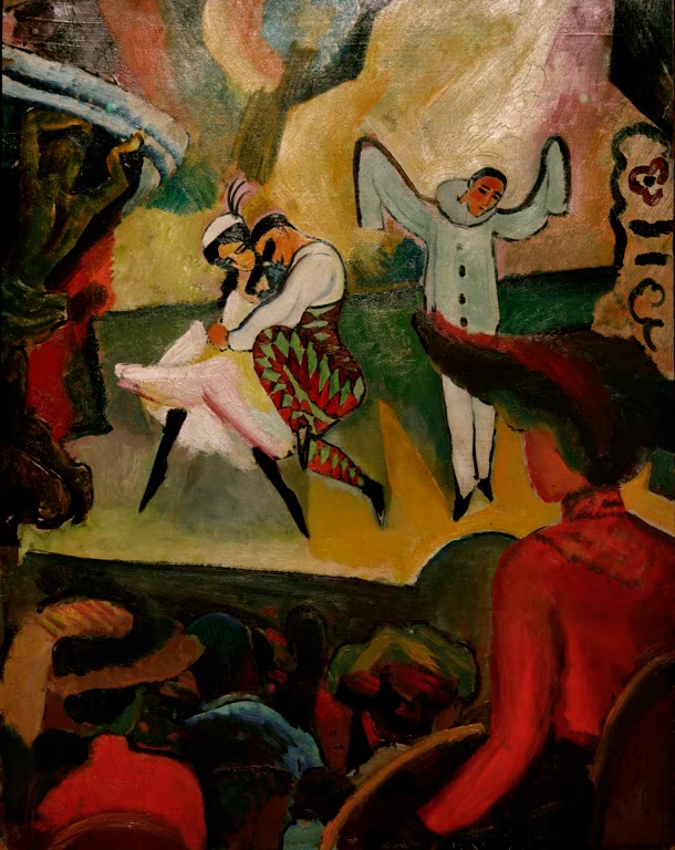 Kunstdruck des Gemäldes „Russisches Ballett I“ von August Macke. Hochwertig in Deutschland von Hand gefertigt, erhältlich als Poster oder Leinwand und optional gerahmt.