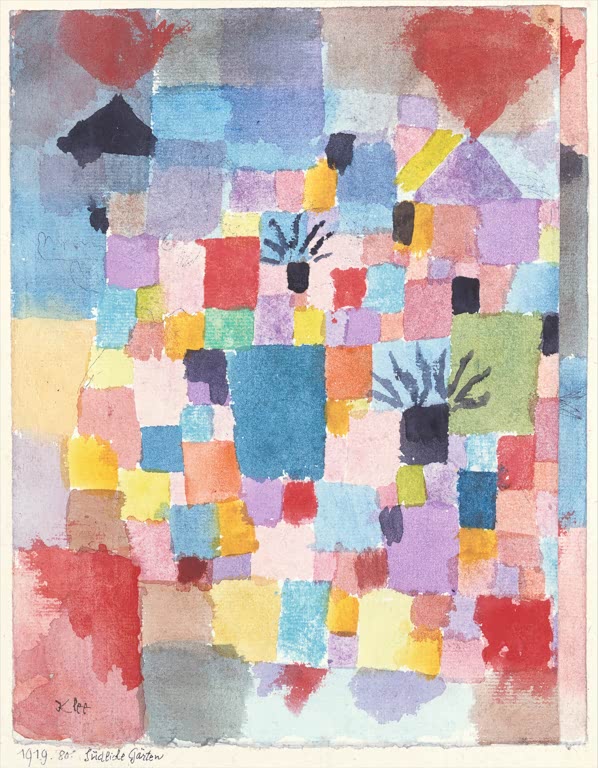 Kunstdruck „Südliche Gärten“ von Paul Klee mit abstrakter Gartenlandschaft und mediterranen Farben

