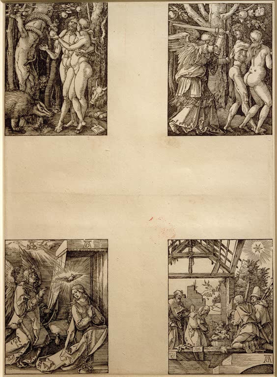Kunstdruck von „Sündenfall, Vertreibung aus dem Paradies, Verkündigung, Anbetung der Hirten“ von Albrecht Dürer. Detailreiche biblische Szenen der Renaissance, in Deutschland handgefertigt.
