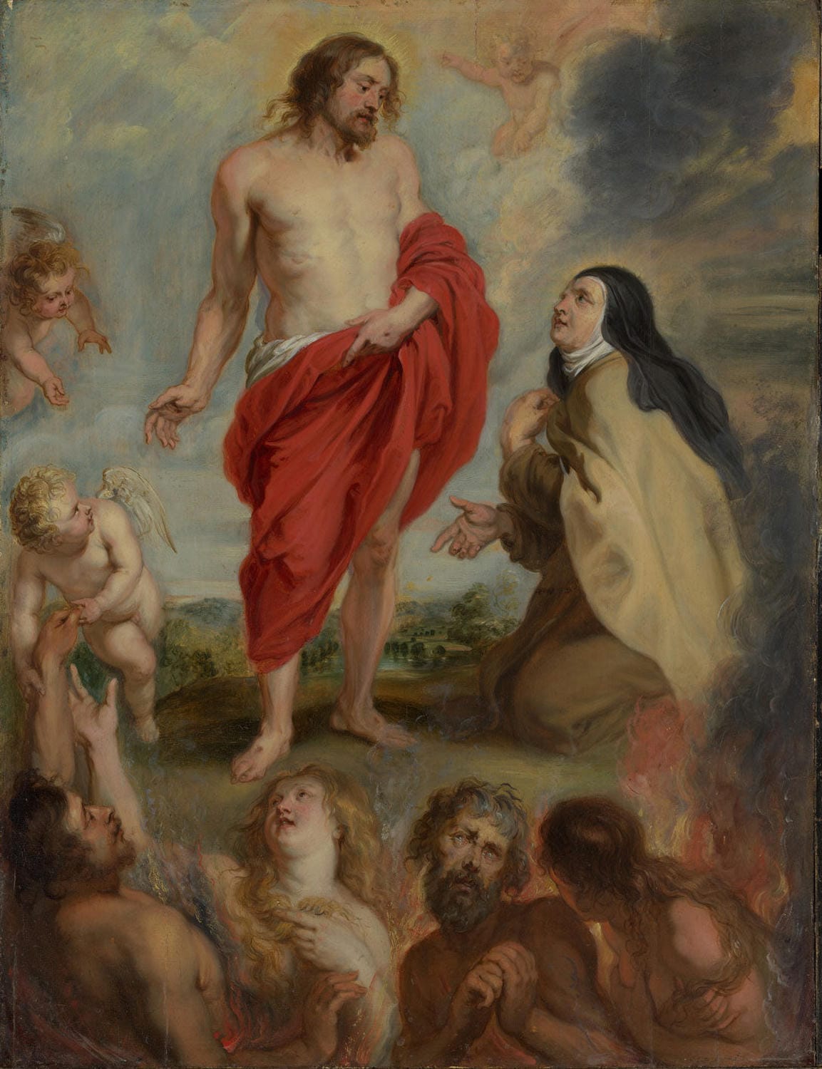 Barockes Gemälde von Peter Paul Rubens: Die heilige Teresa von Ávila bittet für die Seelen im Fegefeuer, dargestellt in einer spirituellen Szene im Hochformat.