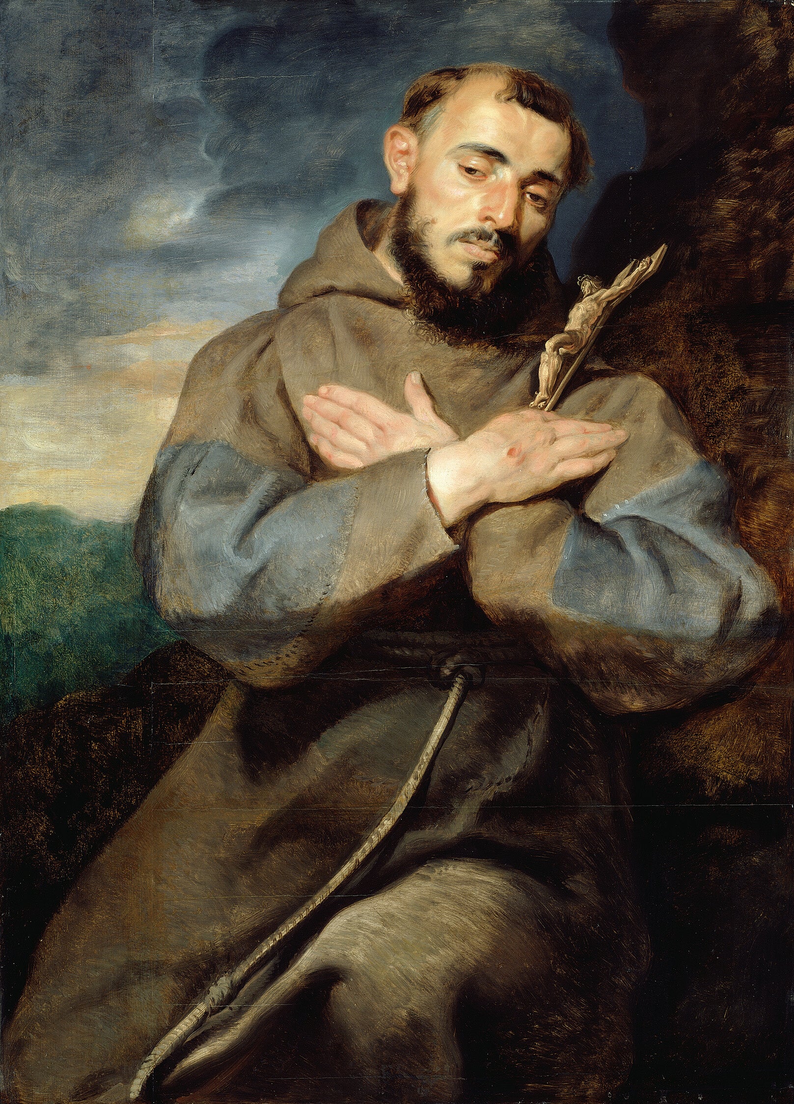 Das Gemälde „Der heilige Franziskus“ von Peter Paul Rubens zeigt den Heiligen in einer spirituellen Pose, umgeben von symbolischen Elementen der Natur. Die detailreiche Darstellung und lebendige Farbgebung fangen die religiöse Intensität und Demut des Heiligen meisterhaft ein.