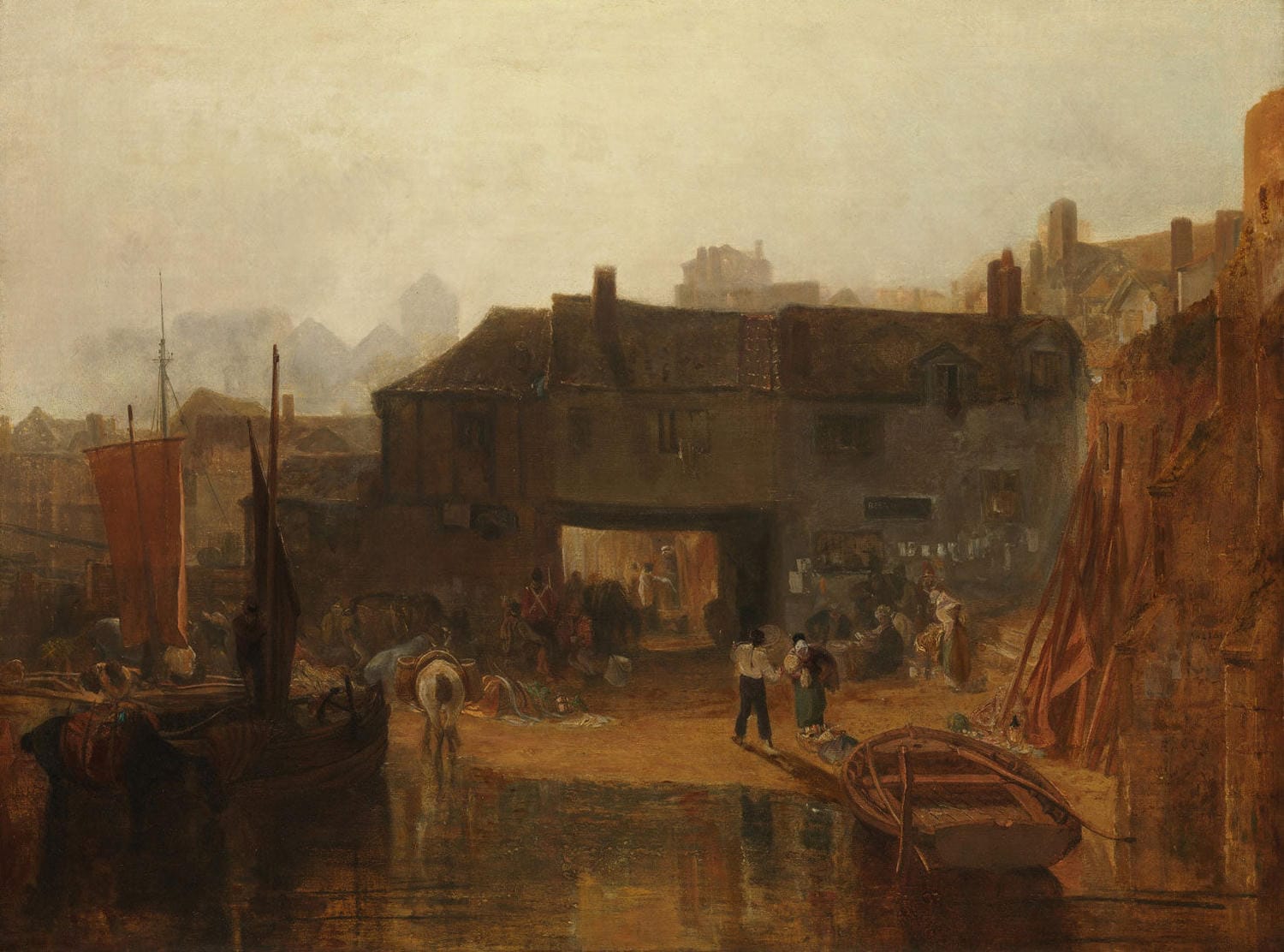 Hafen- und Flussszene in Saltash mit einer Wasserfähre, romantisches Gemälde von William Turner, 1811, im Querformat.