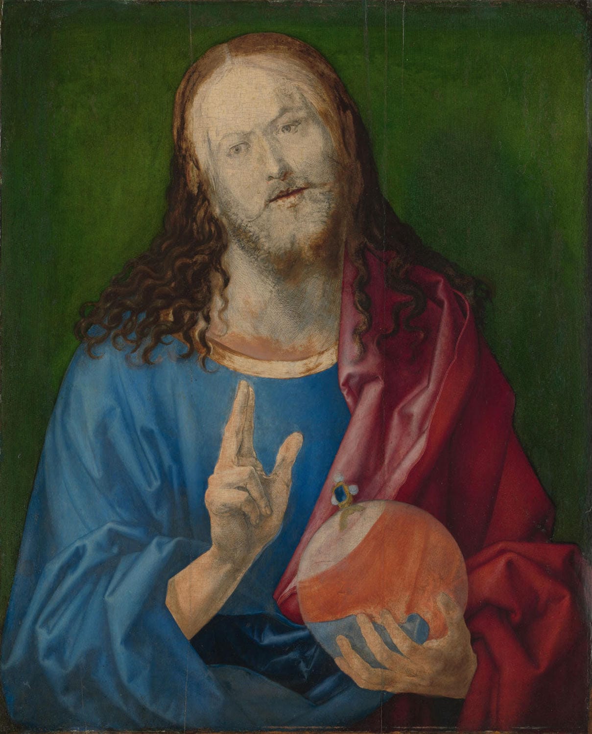 „Salvator Mundi“ von Albrecht Dürer zeigt eine detailgetreue Darstellung von Christus, der in einer Hand das christliche Symbol des Weltenherrschers hält. Das Gemälde besticht durch seine feine Ausarbeitung und die meisterhafte Nutzung von Licht und Schatten.