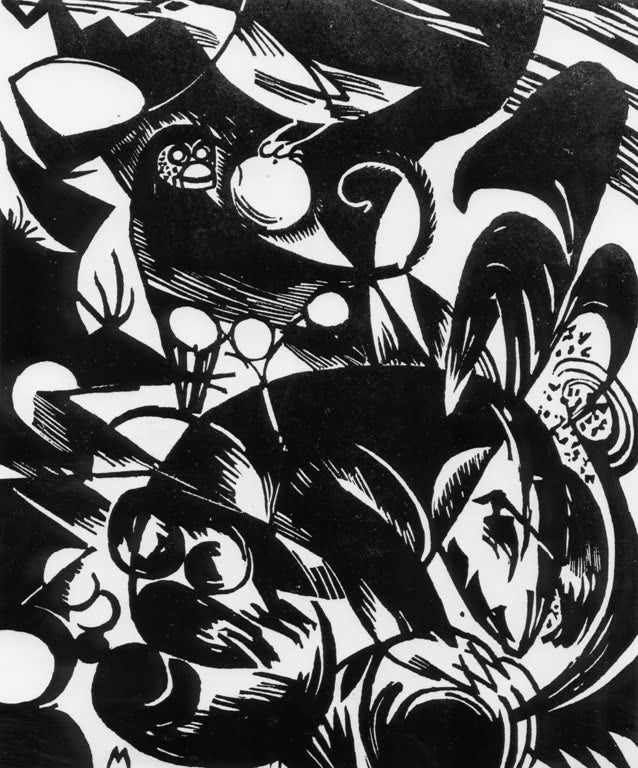 Kunstdruck des Gemäldes „Schöpfungsgeschichte I“ von Franz Marc. Hochwertig in Deutschland von Hand gefertigt, erhältlich als Poster oder Leinwand und optional gerahmt.