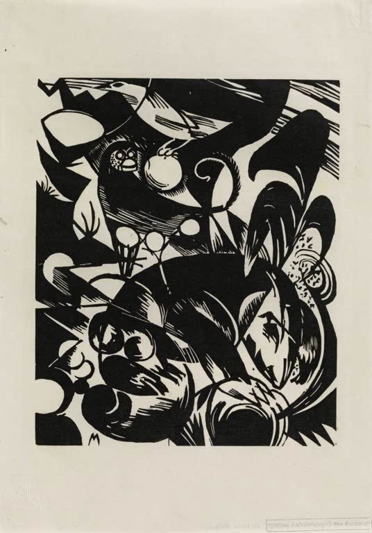 Kunstdruck des Gemäldes „Schöpfungsgeschichte I“ von Franz Marc. Hochwertig in Deutschland von Hand gefertigt, erhältlich als Poster oder Leinwand und optional gerahmt.
