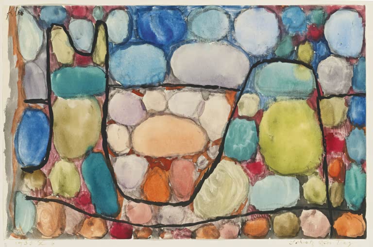 Kunstdruck „Schatz über Tag“ von Paul Klee mit abstrakter Komposition aus geometrischen Formen und farbigen Flächen

