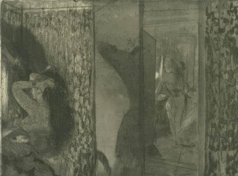 Kunstdruck des Gemäldes Schauspielerinnen in ihren Ankleideräumen von Edgar Degas mit Darstellungen von Künstlerinnen hinter der Bühne.