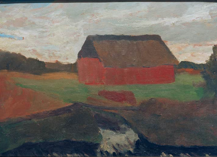 Kunstdruck von „Scheune“ von Paula Modersohn-Becker. Ausdrucksstarke Landschaftsdarstellung mit ländlicher Architektur, in Deutschland handgefertigt.