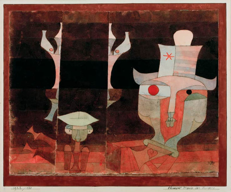 Kunstdruck von „Schicksal-stunde des Kaisers“ von Paul Klee mit symbolischer Darstellung und abstrakten Formen in ausdrucksstarken Farben.