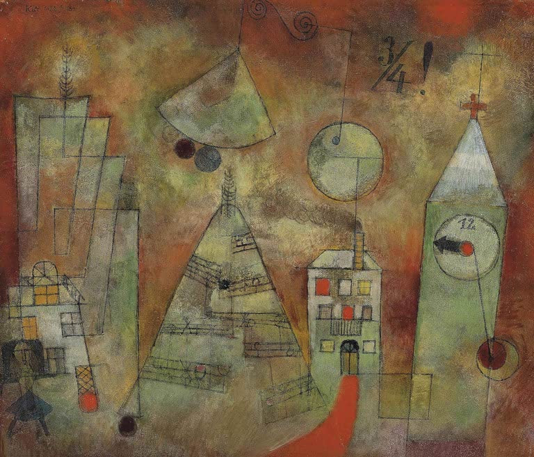 Kunstdruck „Schicksalsstunde um Viertel vor Zwölf“ von Paul Klee mit abstrakter Komposition und symbolischen Formen