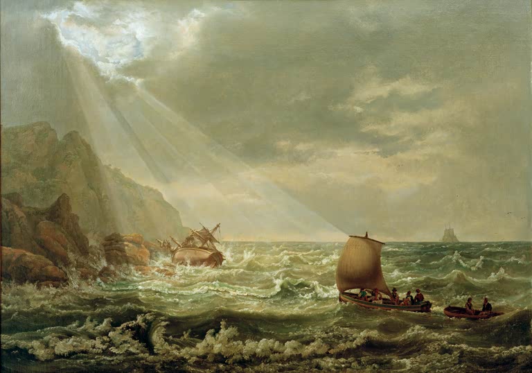 Kunstdruck von „Schiffbruch vor Capri“ von Johan Christian Clausen Dahl mit dramatischer Meeresküste, Schiffbruch und stürmischer Naturgewalt