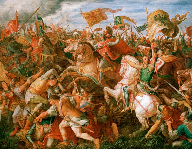 Kunstdruck Schlacht auf dem Marchfeld von Julius Schnorr von Carolsfeld mit kämpfenden Reitern und Soldaten