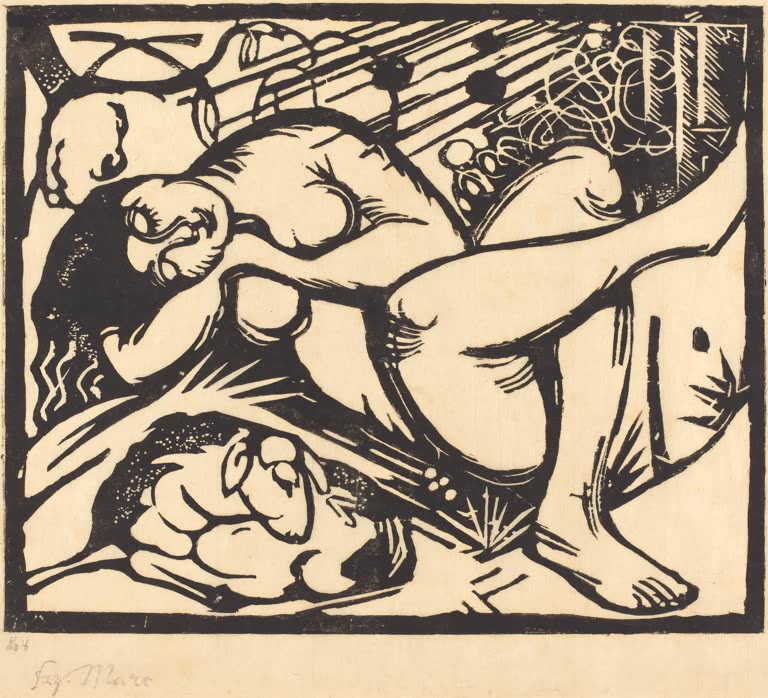 Kunstdruck des Gemäldes „Schlafende Hirtin“ von Franz Marc. Hochwertig in Deutschland von Hand gefertigt, erhältlich als Poster oder Leinwand und optional gerahmt.