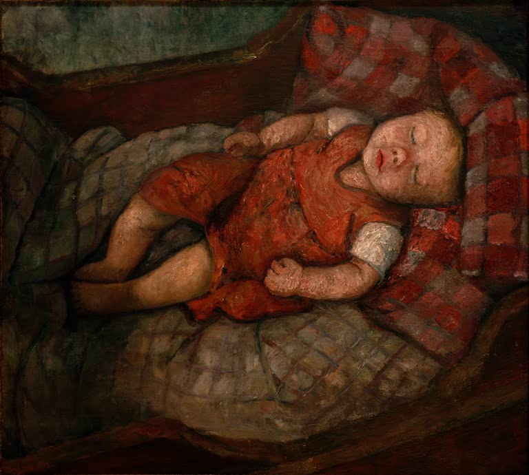 Kunstdruck von „Schlafendes Kind“ von Paula Modersohn-Becker. Ausdrucksstarke Darstellung eines ruhenden Kindes mit sanfter Farbgebung, in Deutschland handgefertigt.