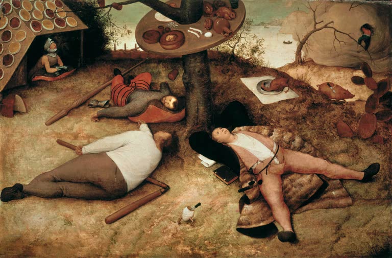 Kunstdruck von „Schlaraffenland“ von Pieter Brueghel d. Ä. mit satirischer Szene, ruhenden Figuren und üppiger Fantasiewelt