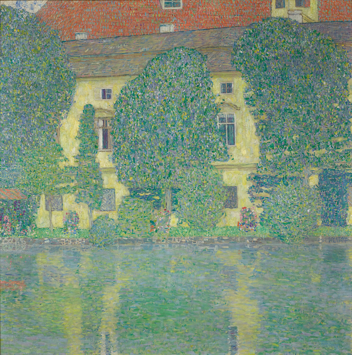 Das Gemälde Schloss Kammer am Attersee III von Gustav Klimt zeigt das österreichische Schloss, umgeben von Bäumen und reflektierendem Wasser. Mit impressionistischen Pinselstrichen und leuchtenden Farben fängt Klimt die idyllische Landschaft und die ruhige Atmosphäre ein.