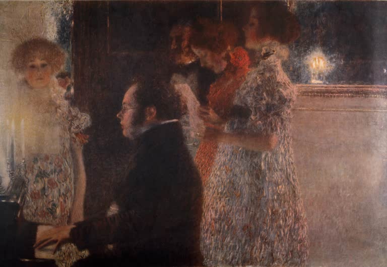 Kunstdruck des Gemäldes „Schubert am Klavier“ von Gustav Klimt – hochwertige Reproduktion der berühmten Darstellung des Komponisten.