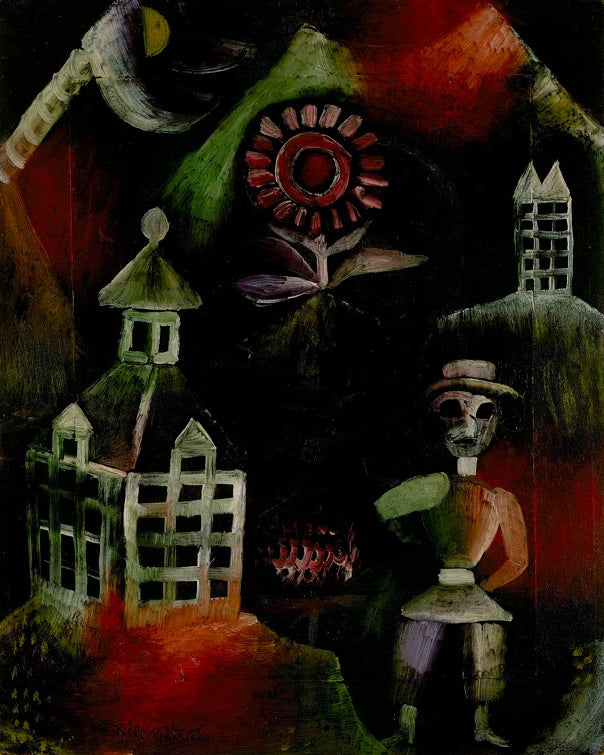 Kunstdruck des Gemäldes „Schulhaus“ von Paul Klee – hochwertige Reproduktion eines faszinierenden Kunstwerks mit geometrischen Formen.