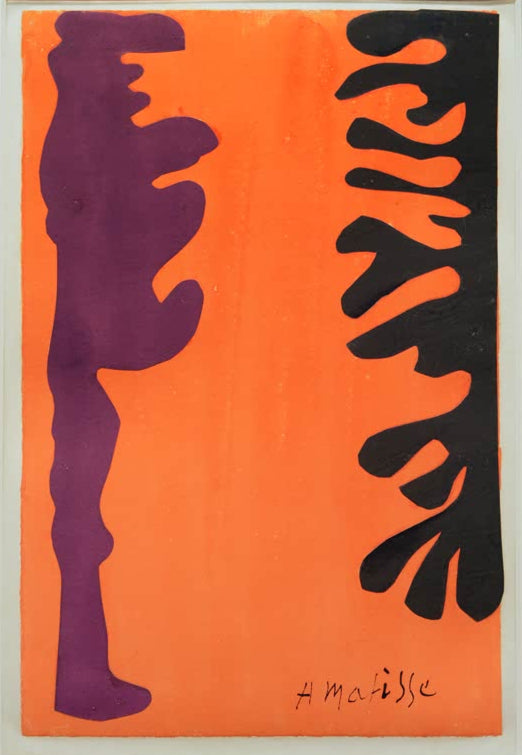 Kunstdruck des Gemäldes „Schwarze und violette Arabeske auf orangefarbigem Grund“ von Henri Matisse – hochwertiger Kunstdruck, erhältlich als Poster oder auf Leinwand.