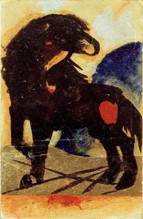 Kunstdruck des Gemäldes „Schwarzes Pferdchen“ von Franz Marc. Hochwertig in Deutschland von Hand gefertigt, erhältlich als Poster oder Leinwand und optional gerahmt.