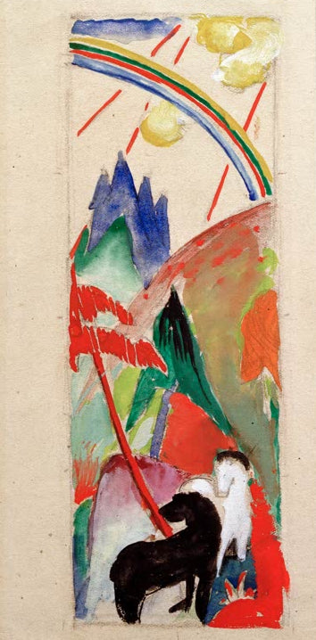 Kunstdruck des Gemäldes „Schwarzes und weißes Pferd in Gebirgslandschaft mit Regenbogen“ von Franz Marc. Hochwertig in Deutschland von Hand gefertigt, erhältlich als Poster oder Leinwand und optional gerahmt.
