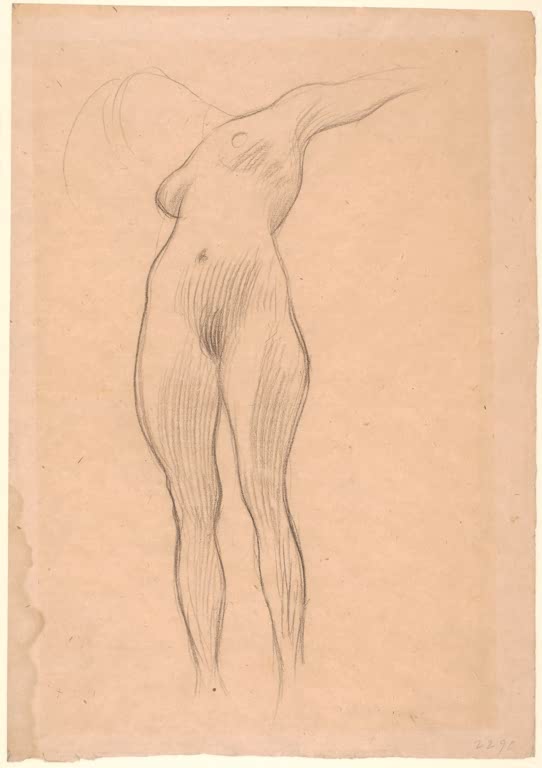Kunstdruck des Gemäldes „Schwebende mit ausgestrecktem linken Arm“ von Gustav Klimt – hochwertige Reproduktion einer ausdrucksstarken Studie.