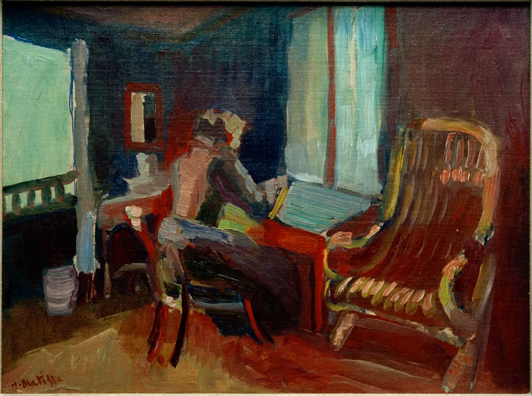 Kunstdruck des Gemäldes „Schweizer Interieur“ von Henri Matisse, erhältlich als Poster oder Leinwand, optional gerahmt, in Deutschland von Hand gefertigt.