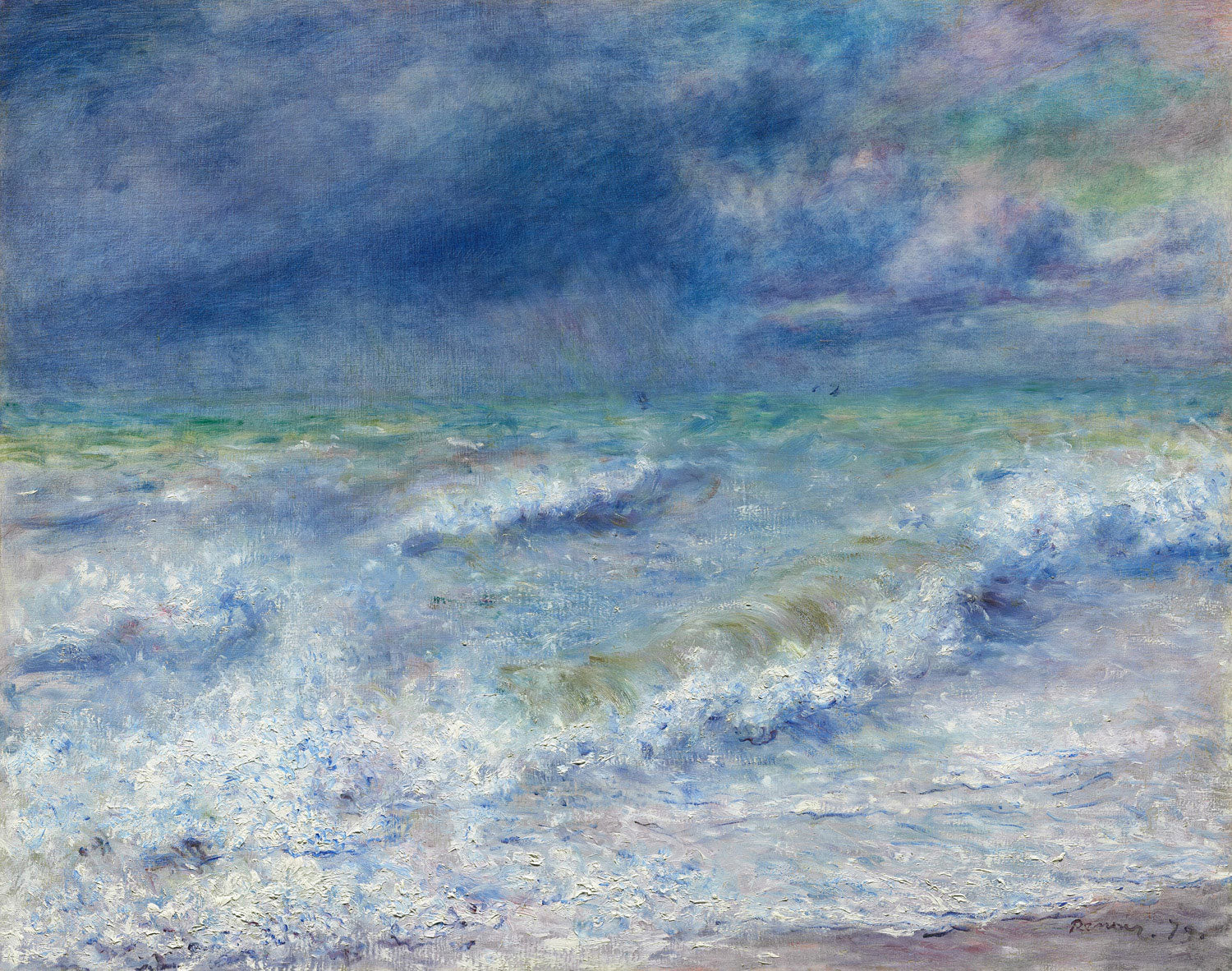 Pierre-Auguste Renoirs "Meereslandschaft" zeigt eine lebendige Szene am Meer mit sanften Wellen und einem klaren Himmel, typisch für den impressionistischen Stil mit betonten Licht- und Farbeffekten.