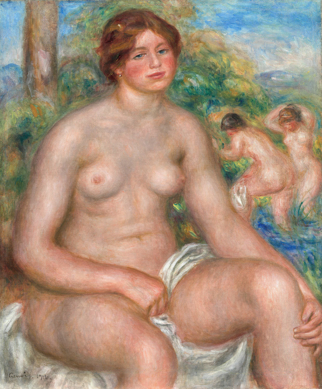 „Sitzende Baderin“ von Pierre-Auguste Renoir zeigt eine Frau in entspannter Pose am Wasser, umgeben von sanften Lichtverhältnissen und weichen Farben. Der impressionistische Stil des Gemäldes vermittelt eine intime und sinnliche Atmosphäre, die Renoirs meisterhafte Technik widerspiegelt.