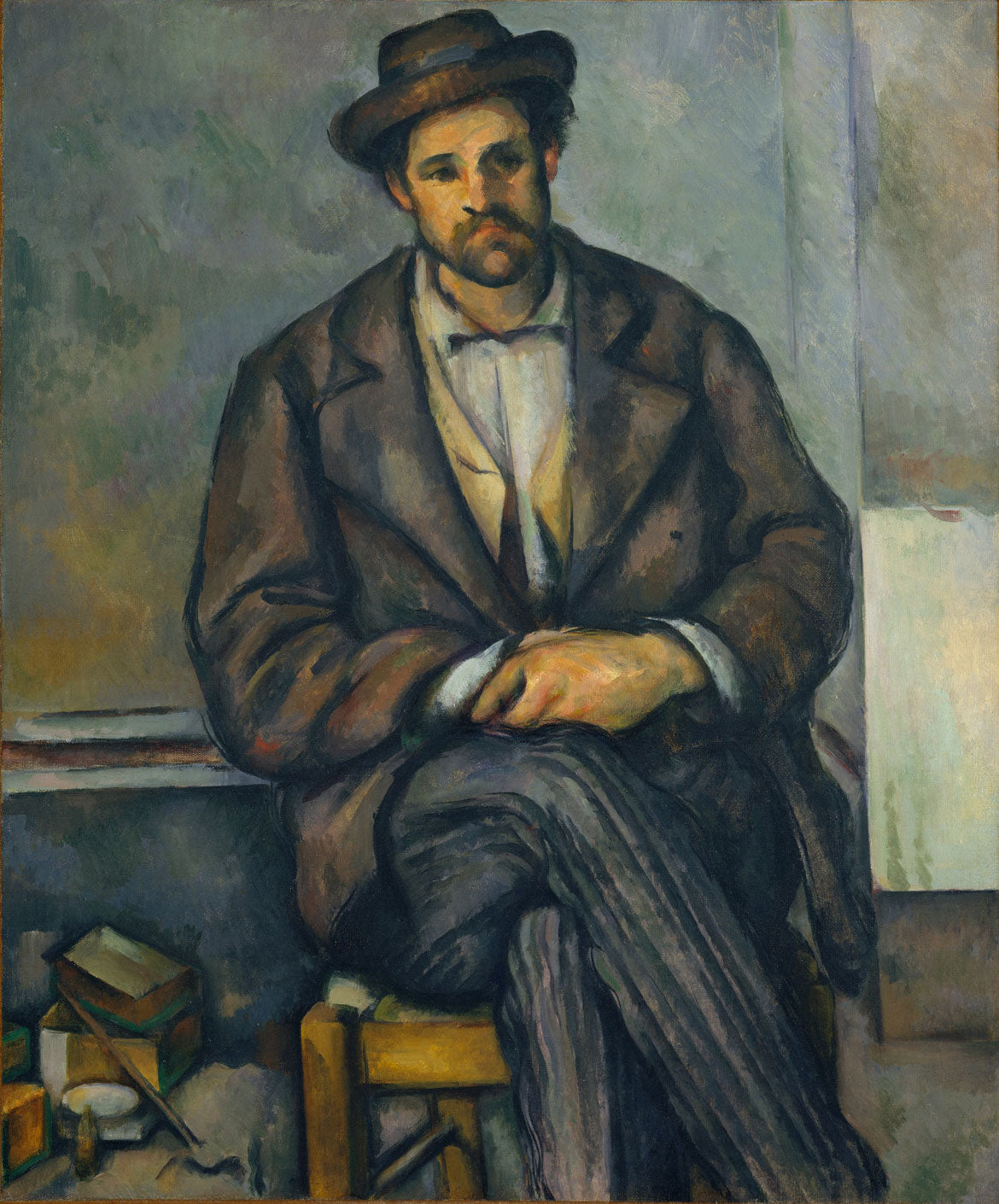 „Sitzender Bauer“ von Paul Cézanne zeigt einen ruhigen Bauern in einer nachdenklichen Pose. Mit kräftigen Pinselstrichen und harmonischen Farben fängt Cézanne die Atmosphäre des bäuerlichen Lebens und die emotionale Tiefe der Figur meisterhaft ein, was das Bild zu einem beeindruckenden Beispiel für seine Kunst macht.