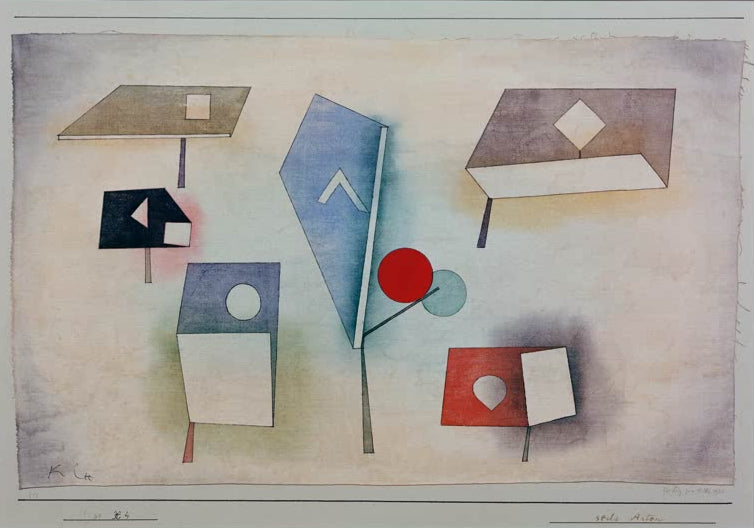 Kunstdruck von „Sechs Arten“ von Paul Klee mit abstrakter Komposition und vielfältigen Formen in charakteristischer Farbgestaltung.
