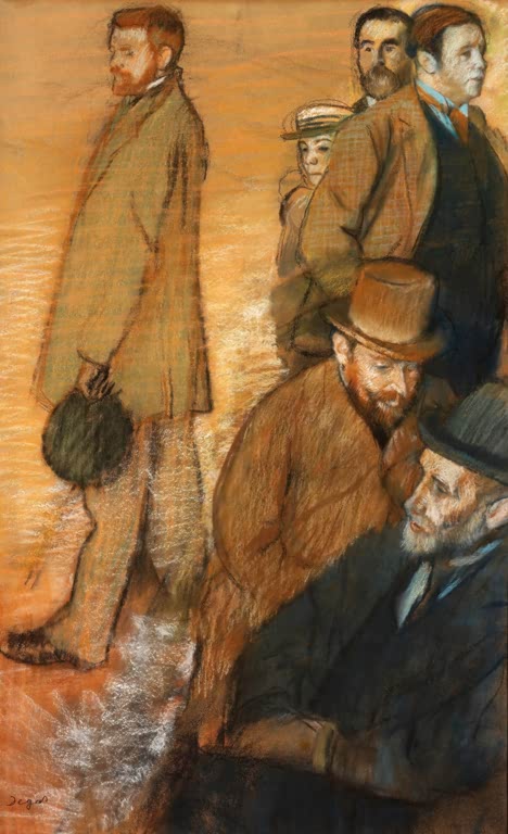 Kunstdruck des Gemäldes Sechs Freunde in Dieppe von Edgar Degas mit einer Gruppe von sechs Personen in einer Küstenszene in Dieppe.