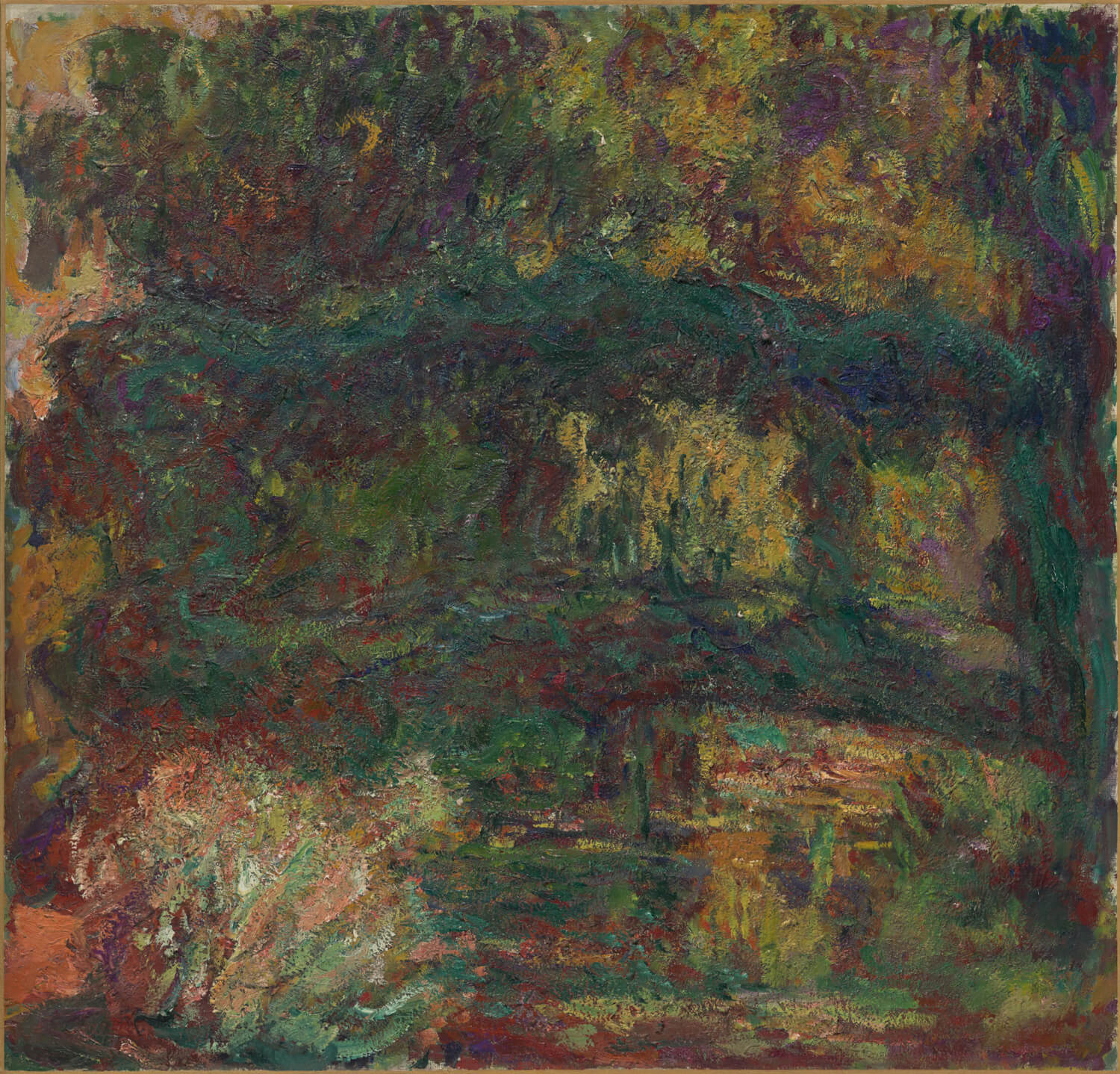 „Nymphéas, Japanese Bridge“ von Claude Monet zeigt eine impressionistische Darstellung einer malerischen Brücke inmitten eines Teiches, umgeben von blühenden Seerosen. Die sanften Farben und fließenden Pinselstriche vermitteln Ruhe und Harmonie in der Natur.
