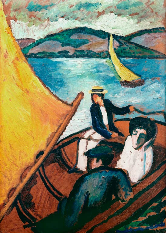 Kunstdruck des Gemäldes „Segelboot, Tegernsee“ von August Macke. Hochwertig in Deutschland von Hand gefertigt, erhältlich als Leinwand oder Poster und optional gerahmt.