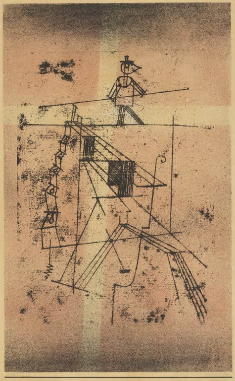 Kunstdruck von „Seiltänzer“ von Paul Klee mit stilisierter Figur und dynamischer abstrakter Komposition.