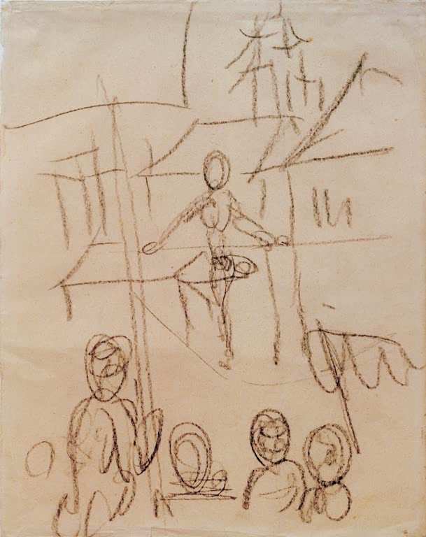 Kunstdruck des Gemäldes „Seiltänzer auf dem Markt“ von August Macke. Hochwertig in Deutschland von Hand gefertigt, erhältlich als Poster oder Leinwand und optional gerahmt.