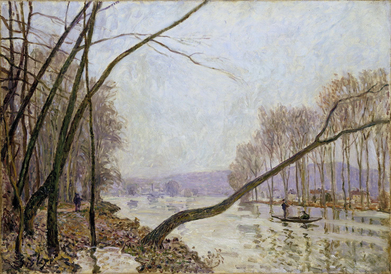 Impressionistisches Gemälde "Seine-Ufer im Herbst" von Alfred Sisley mit herbstlicher Flusslandschaft, buntem Laub und sanften Spiegelungen im Wasser.