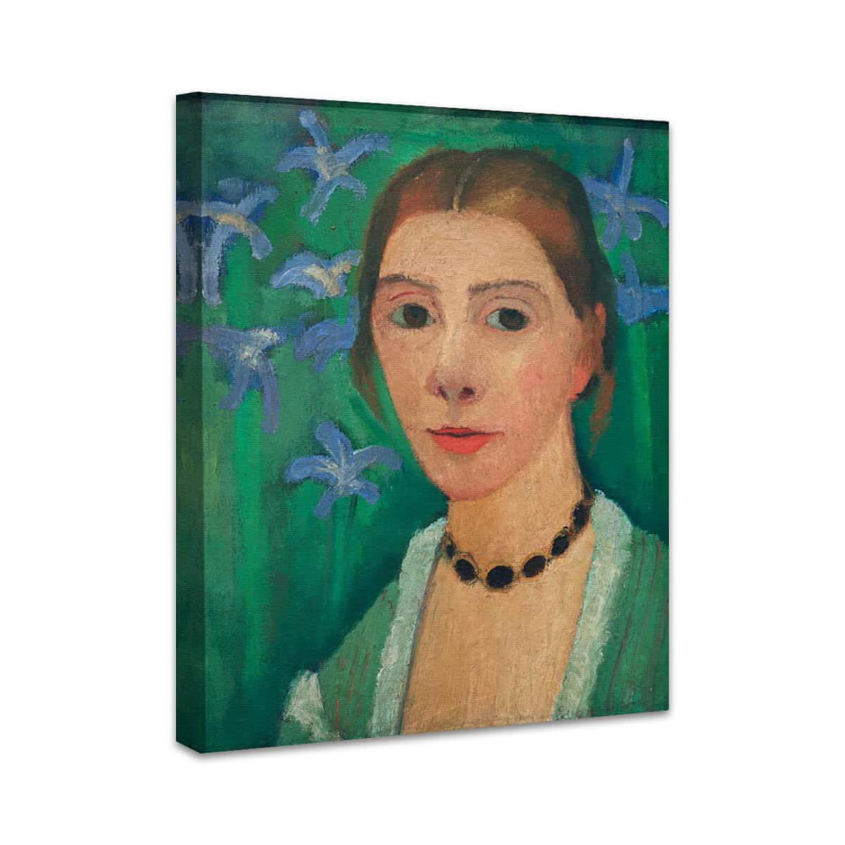 Selbstbildnis vor grünem Hintergrund mit blauer Iris | Paula Modersohn-Becker
